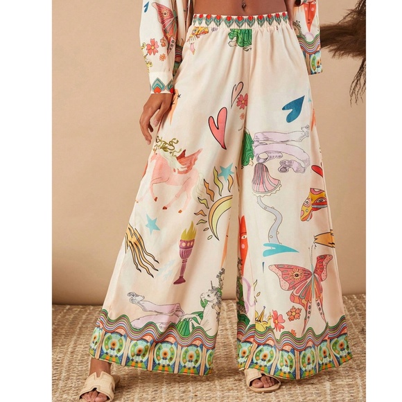 Boho Floral Animal Print Stretchy Waist Wide leg Pants